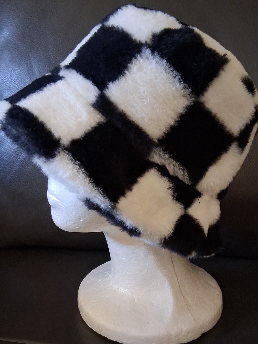 Claire's Black and White Checkerboard Fuzzy Bucket Hat